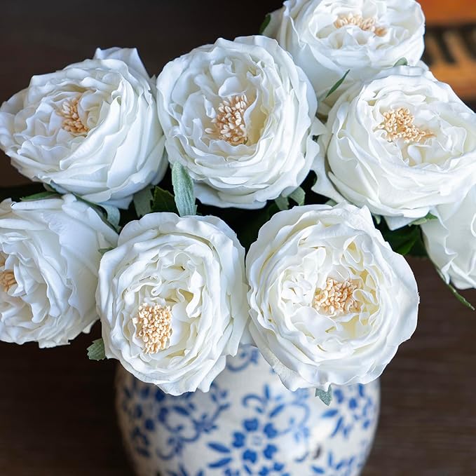 DUYONE White 4pcs Fake Flowers for Decoration Home Decor Artificial Flowers Austin Rose Peony Latex Fake Flower Living Room Decoration Vivid Pink Roses Peonies(White 4pcs)