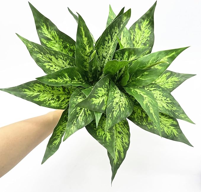PASYOU Artificial Aglaonema Plants, Green Speckled Leaves 2 Pack, Fake Magnolia Grass Plant, Faux Plastic Leaves Shrubs, Indoor Outdoor Decor Home Garden Yard Table Planter Filler Decorations - Green