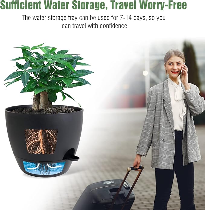 UOUZ 12 inch Large Self Watering Pots, Plastic Planters with 60oZ Removable Deep Reservoir and Multi Mesh Drainage Holes for Indoor Outdoor Garden Plants and Flowers, Black