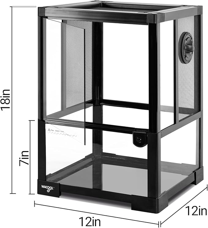 WACOOL TERRA Vertical Habitat Tank 10 Gallon for Tree Dwelling Reptiles and Amphibians, 360°Full Vision Glass Reptile Terrarium 12" x 12" x 18" with Double Side Mesh Panels