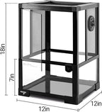 WACOOL TERRA Vertical Habitat Tank 10 Gallon for Tree Dwelling Reptiles and Amphibians, 360°Full Vision Glass Reptile Terrarium 12" x 12" x 18" with Double Side Mesh Panels