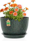 WSMKSZ 12 Inch Wide Water Ripples Flower Pots for Indoor or Outdoor Plants, Large Plant Pots with Drainage Holes & Saucer, Plastic Planters Set for Garden & Home Decor (Black with Green Speckles)