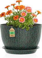 WSMKSZ 12 Inch Wide Water Ripples Flower Pots for Indoor or Outdoor Plants, Large Plant Pots with Drainage Holes & Saucer, Plastic Planters Set for Garden & Home Decor (Black with Green Speckles)