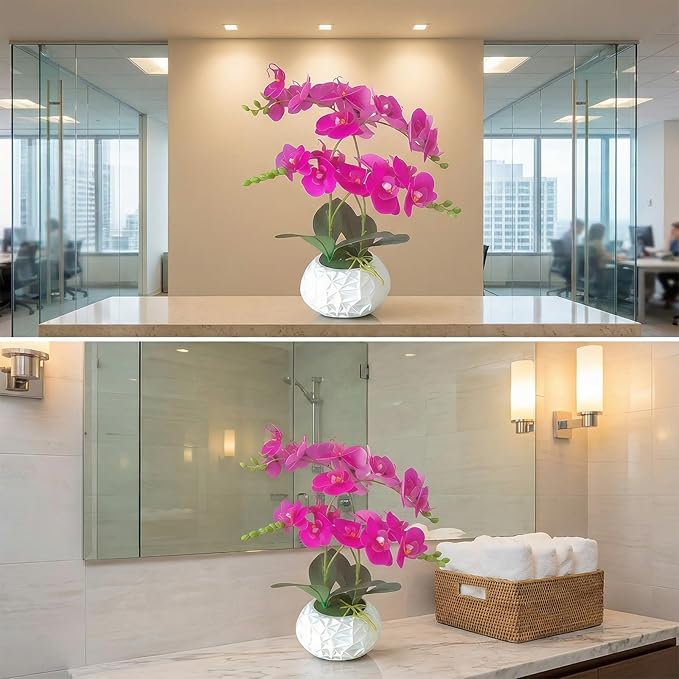 Artificial Orchid with 3D Printed Vase, 24 Stems Realistic Fake Phalaenopsis, Adjustable Silk Flowers for Home Decor, Wedding Table Centerpieces, 20 Inches Tall, Dark Purple