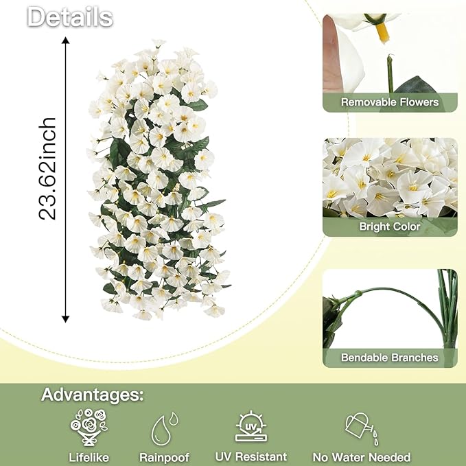 Artificial Flowers for Outdoors Fake White Morning Glory Hanging Flower Decoration, 2Pcs Realistic Faux Plants Petunias Long Trailing Vines,Spring Decor for Porch Patio Balcony Planter Yard