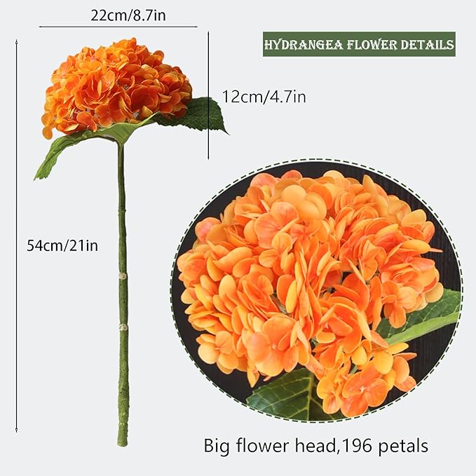 Buart 4PCS Long Stem Big Size Orange Flowers Artificial Silk Hydrangea Lifelike Flowers Real Touch Artificial Flowers Wedding Shower Bride Bouquets Office Living Room Table Decorations (21 Inch)