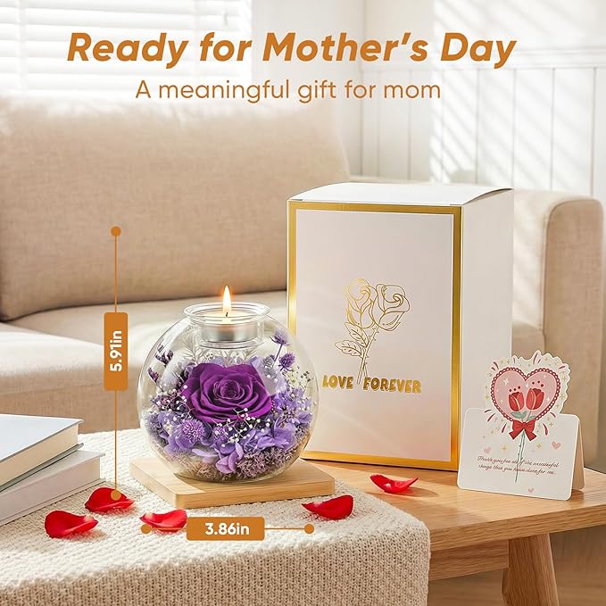 Preserved Real Rose in Glass with Scented Candles for Mom Her Wife Girlfriend Grandma Birthday Anniversary Romantic