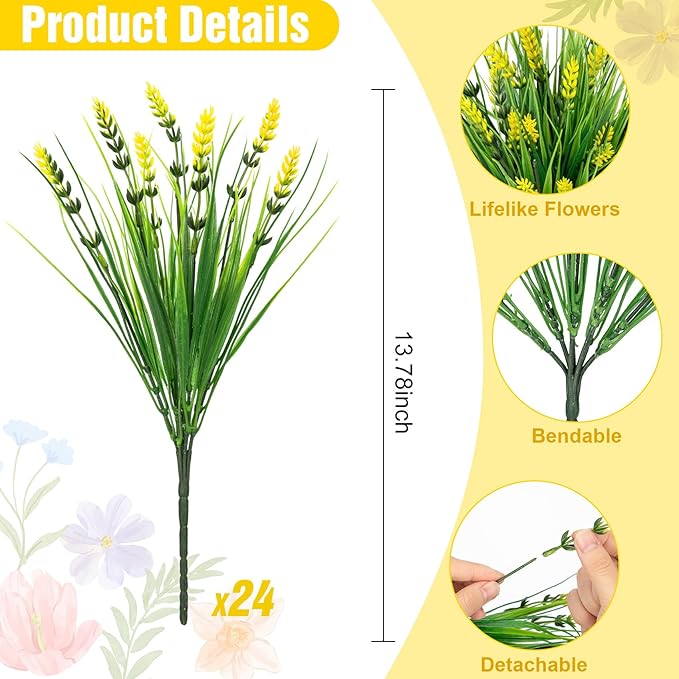 Roberly 24 Bundles Artificial Plants Outdoor, Fake Lavender Flowers UV Resistant Faux Shrubs Plastic Flowers Fake Greenery Plants for Porch Garden Window Box Home Indoor Outdoor Decorations, Yellow