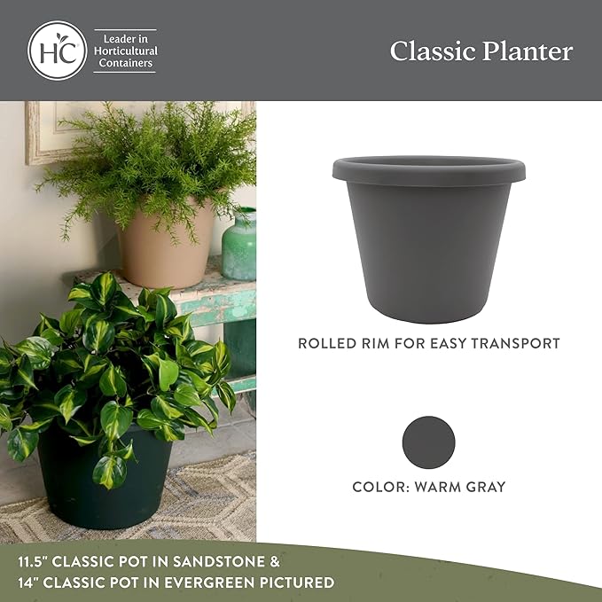 The HC Companies Classic Round Plastic Plant Pot w/Rolled Rim - Lightweight & UV Resistant Flower Pot for Herbs & More - Outdoor & Indoor Plant Pots w/Drainage (11.5 inch Warm Gray, Pack of 1)
