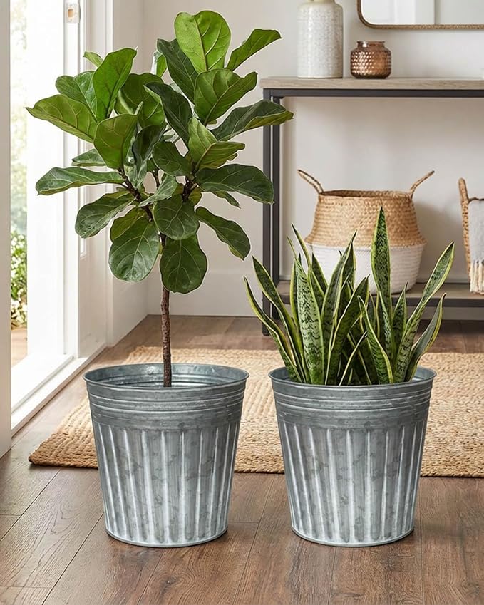 vensovo 11 Inches Silver Metal Rustic Plant Pots - 3 Pcs Large Galvanized Planters with Drain Hole and Rubber Plug, Rustproof Tin Bucket Flowerpot for Indoor Plants Farmhouse Vintage Style for Decor