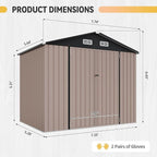 Aoxun 8x6FT Outdoor Storage Shed with Floor Galvanized Steel Shed with Magnetic Sensor Light Metal Garden Shed for Bike/Generator/Tool Storage (Brown)