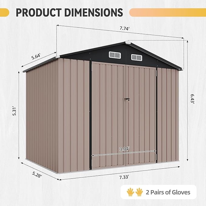 Aoxun 8x6FT Outdoor Storage Shed with Floor Galvanized Steel Shed with Magnetic Sensor Light Metal Garden Shed for Bike/Generator/Tool Storage (Brown)