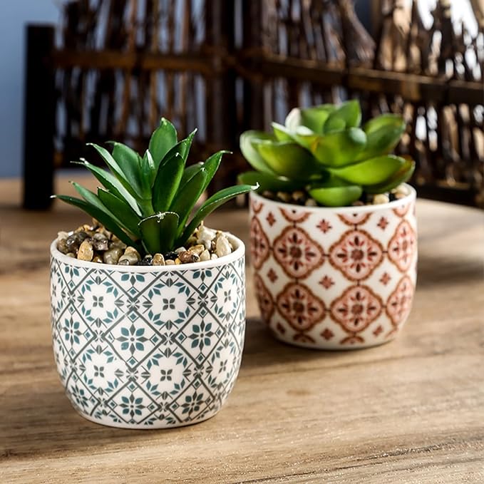 Artificial Plants Succulent Flowers in Ceramic Planter 2 Pack Small Fake Plants Potted for Home Office Desk Decor Farmhouse Living Room Bedroom Shelves Decoration