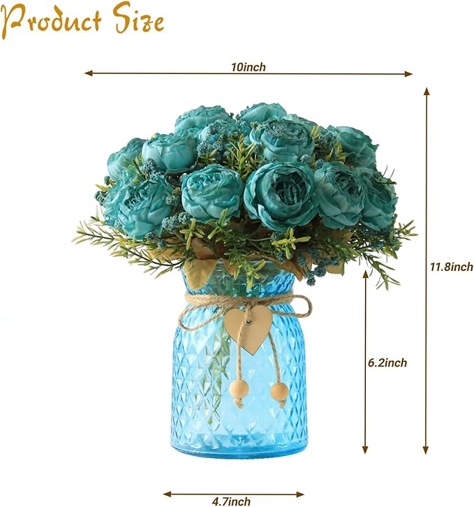Fake Flowers in Vase,Fake Flowers with Vase,21 Pcs Faux Peony Flowers,Artificial Flowers for Home Decor, Indoor Centerpiece for Living Room & Dining Table (Blue)