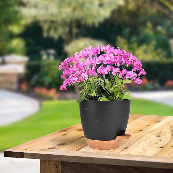 Vanslogreen 6 Inch Orchid Pots with Holes, 2 Pack Self Watering Planters for Orchids Plastic Orchid Pot Plant Flower Pots for Orchids Indoor Outdoor (Black with Brown)