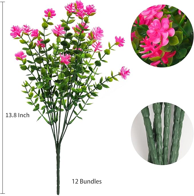 RECUTMS Faux Flowers Artificial Plants & Flowers Boxwood Springs Artificial Outdoor Flowers UV Resistant Boxwood Greenery Artificial Uv Resistant Outdoor Plants Fake Greenery Stems(Pink)