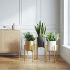 Metal Plant Pot with Drainage Hole,Mid Century Modern 7 inch Round Pot Indoor Outdoor Planters Gift for Decorative Pots of Tabletop Living Room Bedroom Gold
