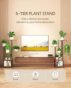 Plant Stand Indoor, 5-Tier Tall Plant Stand Indoor, Metal Plant Shelf with Hanging Basket Hook, Ideal Corner Plant Table for Living Room, Balcony, Garden, Patio (Brown)
