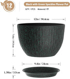WSMKSZ 12 Inch Wide Water Ripples Flower Pots for Indoor or Outdoor Plants, Large Plant Pots with Drainage Holes & Saucer, Plastic Planters Set for Garden & Home Decor (Black with Green Speckles)
