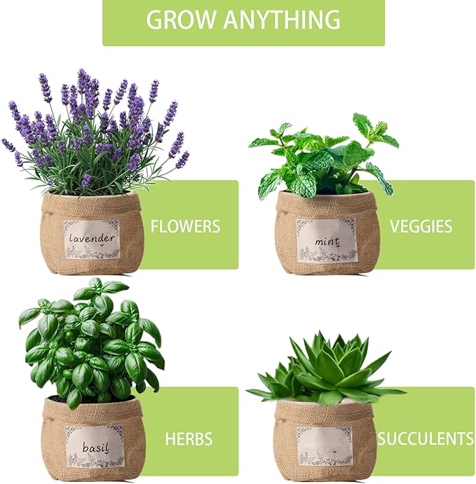 10 Sets herb pots for Indoor Plants,5 inch Clear Plastic Plant Pots with Drainage and Saucer,herb planters with Vintage Decorative Burlap Flower-Pot Cover for Windowsill, Kitchen, Balcony