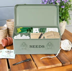 Seed Storage Organizer, 4 Compartment Seed Storage Box with Safety Lock, Metal Seed Box Container with 2 Pens, 20 Plant Labels and 50 Seed Envelopes for Seed Packet & Small Garden Tool, Green