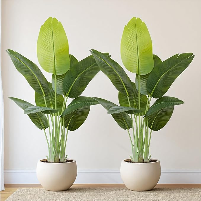 Lifelike Bird of Paradise Artificial Plant,4ft Faux Banana Leaf Tree with 9 Trunks - Perfect Indoor Silk Floor Plant for Home Decor in Living Room, Office, and Bedroom (Set of 2)