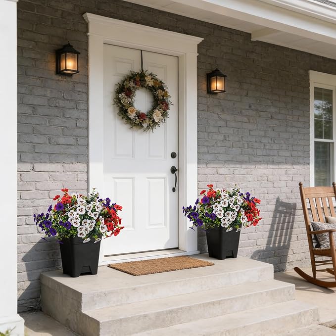 17 Inch Artificial Faux Pansy Flowers for Outdoor,Fake Pansies Flowers with Eucalyptus Leaves Fake Plants Greenery Boxwood Porch Patio Decor 6 Bundles(Dark Purple,Red,White)