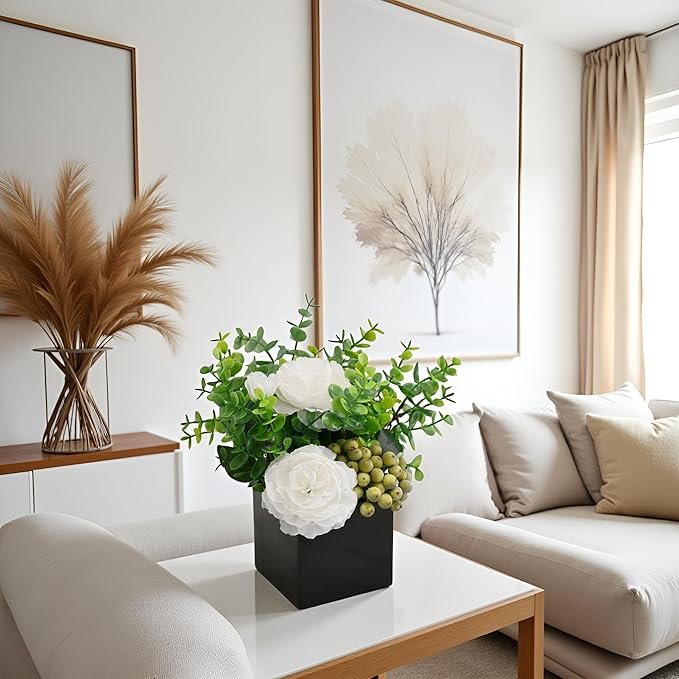LADADA Artificial White Peony Flowers with Eucalyptus and Green Berries in Black Square Vase - Fake Floral Arrangement for Home Decor, Table Centerpiece, Bathroom, Office, Wedding, Minimalist Decor