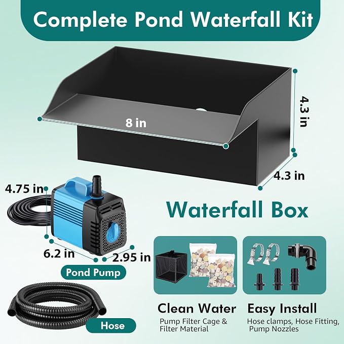 Pond Waterfall Spillway Kit, 8" Pond Waterfall Filter with 660GPH Waterfall Pump & Filter Cage, 10 Ft Corrugated Tubing for Outdoor Garden Ponds, Backyard Water Features