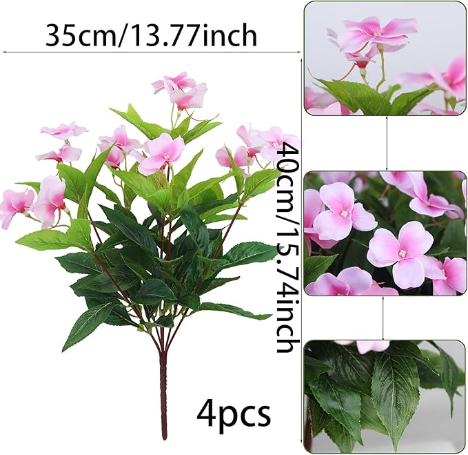 CITYES 4 Pcs Artificial Flowers Outdoor Impatiens UV Resistant Silk Impatiens Flowers Pink Faux Flowers Impatiens Bushes Artificial Impatiens for Pot Patio Lawn Garden Hanging Basket Porch Decor