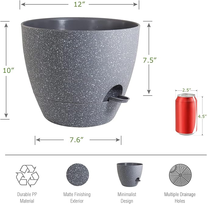 UOUZ 12 inch Large Self Watering Pots, Plastic Planters with 60oZ Removable Deep Reservoir and Multi Mesh Drainage Holes for Indoor Outdoor Garden Plants and Flowers, Grey Speckles