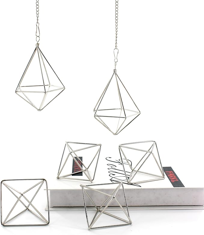 Geometric Silver Iron Air Plant Hangers and Stands Set - 2 Hanging with Chains + 4 Tabletop Holders for Tillandsia, Succulents, Modern Home Decor, Wall or Desk Display