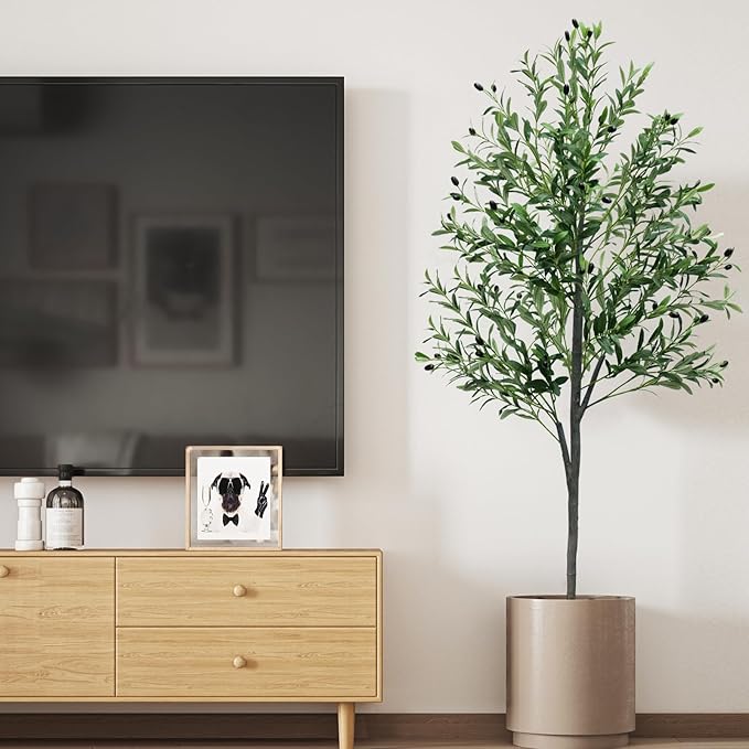 6FT Artificial Olive Tree,Artificial Plants Indoor,Faux Olive Tree Indoor with Natural Wood Trunk and Realistic Leaves and Fruits for Home Office Decor