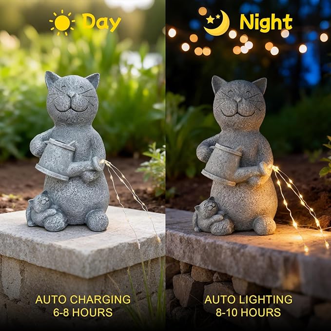 Solar Watering Cat Garden Statues Decor Waterproof Figurine Resin Sculpture Gift for Mom Grandma, Outdoor Decorations for Porch Patio Lawn Yard Home House Gardening Birthday Housewarming (Cat)