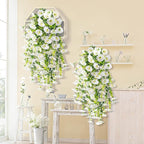 4PCS Artificial Hanging Flowers for Outdoors Summer Decoration, Fake Hanging Plants Faux Petunias with Eucalyptus, UV Resistant No Fade Plastic Realistic Silk Flowers for Porch Patio Balcony Indoor