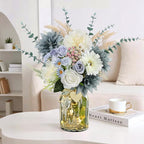 Fake Flowers in Vase, Dusty Blue Artificial Flowers Arrangement in Vase, Fake Floral Table Centerpieces for Kitchen Farmhouse Coffee Table Living Room Cemetery Gravesites Decor