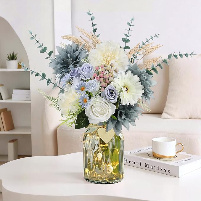 Fake Flowers in Vase, Dusty Blue Artificial Flowers Arrangement in Vase, Fake Floral Table Centerpieces for Kitchen Farmhouse Coffee Table Living Room Cemetery Gravesites Decor