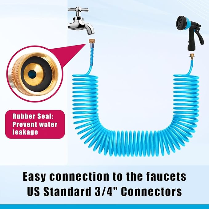 AUTOMAN Coil Garden Hose 50 ft, EVA Curly Water Hose with Brass Connectors, Recoil Garden Water Hose,Includes 7-Pattern Function Sprayer,Retractable,Corrosion Resistant Garden Coil Hose.