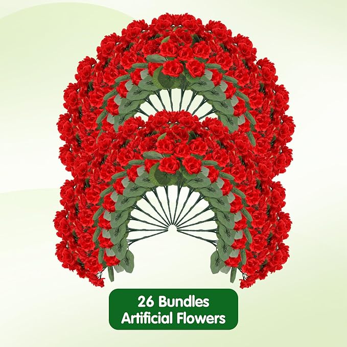26Pcs Geranium Artificial Flowers for Outdoors Decoration Geranium Silk Flowers Outsides UV Resistant Garden Plants Faux Flower for Front Door Garden Porch Planter Patio Balcony Yard Indoor Home (Red)