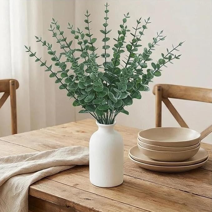 16" Artificial Eucalyptus Stems Potted Plant - Realistic Small Fake Desk Plants for Office Home Decor, Faux Plants in Frosted Ceramic Vase for Indoor Spaces, Wedding Centerpieces Table Decor（20 pcs）