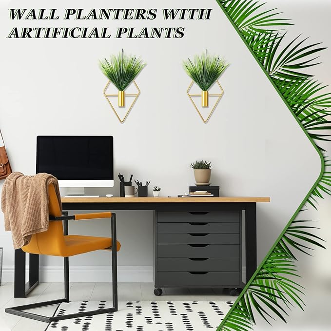 Canlierr 2 Pieces Gold Wall Decor Hanging Planters with Artificial Plants Metal Vase Indoor Plants Holder Modern Geometric Wall Art for Home Bathroom Bedroom Living Room Office(Aquatic Plant,Small)