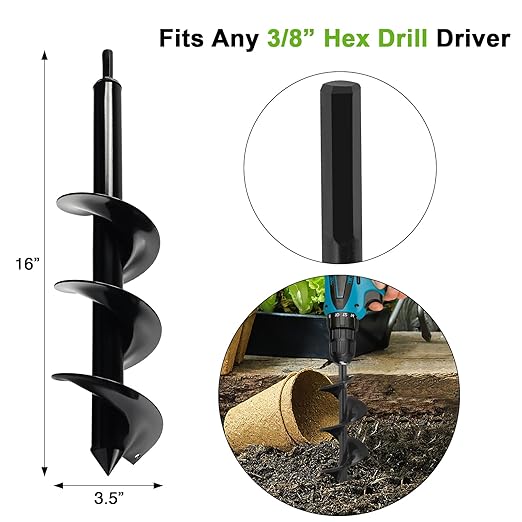 Auger Drill Bit for Planting 3.5 x 16 Inch, Garden Spiral Bit Bulb Planter Tool Drill Auger for Planting Bulb, Bedding Plant, Post or Umbrella Hole Digger for 3/8" Hex Drive
