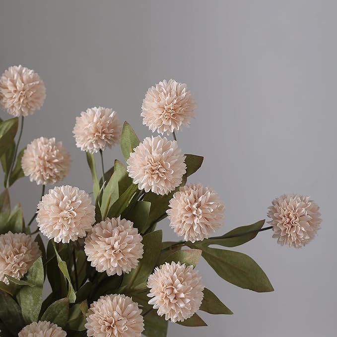VIERENA 12 Pcs Faux Silk Pompon Mum Artificial Flowers for Vase -27", Bulk Fake Chrysanth Branches with Stems for DIY Bouquet Centerpieces Wedding Fillers Arrangements Shower Decorations (Beige)