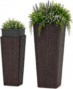 Giantex Set of 2 Planters for Outdoor Plants, Tall Tapered Plants w/Inner Trays, Drainage Holes, Decorative PP Flowerpots 32" & 24" Tall for Porch, Patio, Garden, Backyard, Indoors & Outdoors (Coffee)