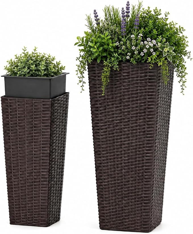 Giantex Set of 2 Planters for Outdoor Plants, Tall Tapered Plants w/Inner Trays, Drainage Holes, Decorative PP Flowerpots 32" & 24" Tall for Porch, Patio, Garden, Backyard, Indoors & Outdoors (Coffee)