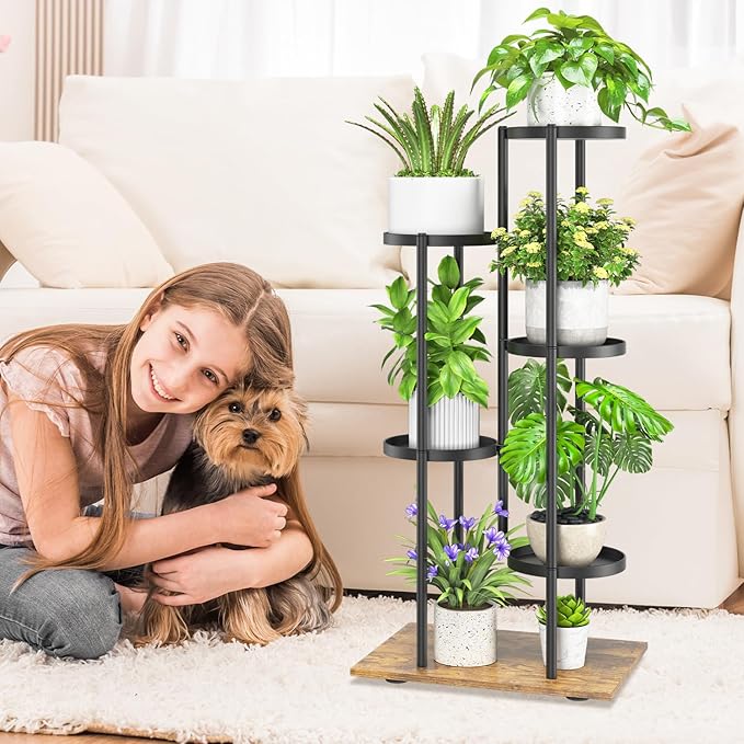 iDavosic.ly 5 Tier Plant Stand Indoor with Grow Lights, Tiered Corner Multiple Flower Pot Holder Shelf, Metal Tall Display Rack for Porch Living Room Balcony Bedroom, Modern Black & Rustic Brown