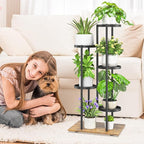 iDavosic.ly 5 Tier Plant Stand Indoor with Grow Lights, Tiered Corner Multiple Flower Pot Holder Shelf, Metal Tall Display Rack for Porch Living Room Balcony Bedroom, Modern Black & Rustic Brown