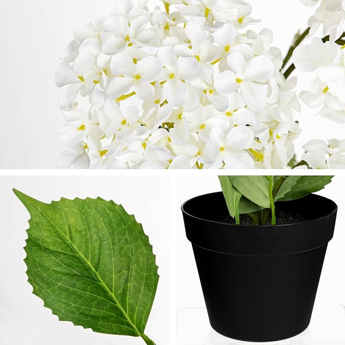 18" Hydrangea Artificial Flowers Plant in Black Plastic Pot, Fake Hydrangeas Plants for Home Office Indoor Outdoor Decor, Realistic Floral Arrangement for Living Room & Porch Decorations, White