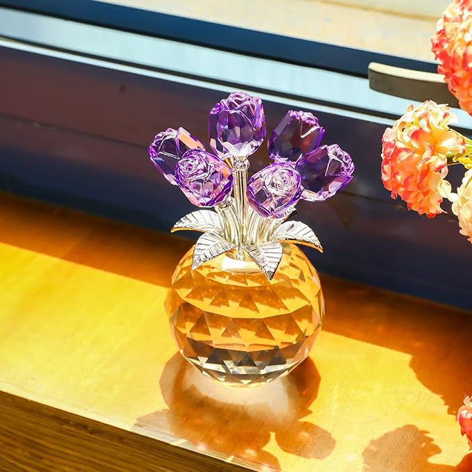 YWHL Handmade Crystal Purple Rose Flower Figurine with Round Vase, Rose Gifts for Girlfriend Wife Sister, Romantic Gifts for Mom on Anniversary Mother's Day Birthday, Wedding Home Decorations