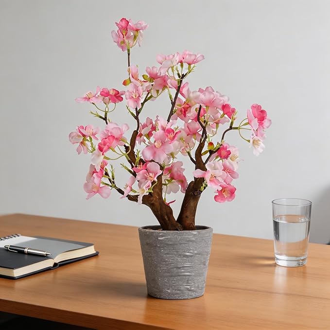 TOARTi Artificial Pink Cherry Blossom Potted Plant with Pot, 9.8" Tall Fake Flowers Faux Plant Desk Decor, Realistic Decorative Plants Indoor Decor for for Home Bedroom Bathroom Office Desk